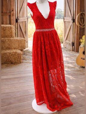Indikah Red Lace Maxi Dress with V-Neck and Sheer Skirt